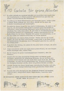 Vereinte Grüne: 10 Gebote für grüne Aktivisten. In: Grüne Blätter 23/1985 (Grünes Archiv Oberösterreich)