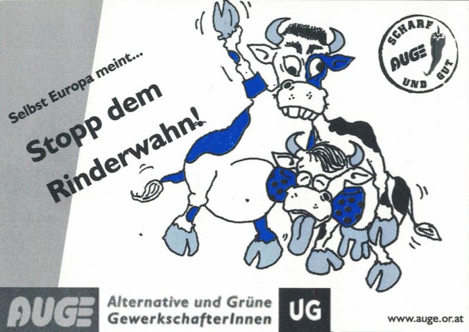 Aufkleber der AUGE/UG zur schwarz-blauen Koalition in Österreich.